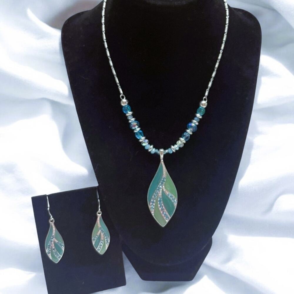 Kenneth Cole Enamel Leaf, Glass Crystal, Blue Rhinestone Necklace & Earrings Set